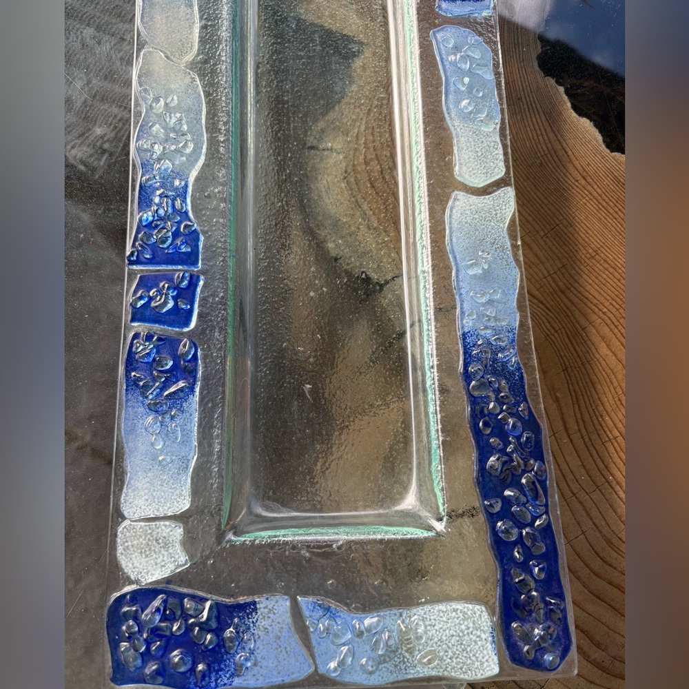 Handmade blue glass fusion long serving dish - Picture 2 of 6